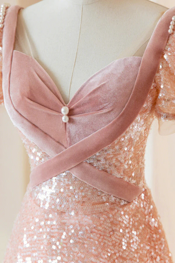 Wholesale Pink Sequins Long Prom Dress A-Line Short Sleeve Evening Dress